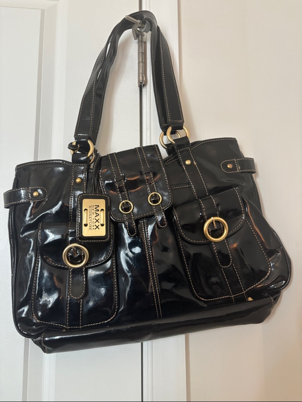 Y2K Maxx New York Black Patent Tote with Gold Accents